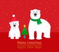 Greeting card merry Christmas. Polar bear mom with her bear cub dressed as Santa Royalty Free Stock Photo