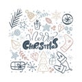 Greeting card Merry Christmas vector calligraphic lettering text and xmas doodle scandinavian elements. for winter Royalty Free Stock Photo