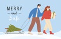 Greeting card. Merry and safe. Modern young couple carries Christmas tree on sled and presents and wearing face mask