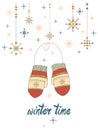 Greeting card with mittens and snowflakes in ethnic style isolated on white background. season design.