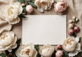 Greeting card mockup and beautiful beige peony flowers