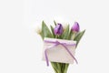 greeting card mockup. bouquet of purple tulips isolated on a white background. space for text. Royalty Free Stock Photo