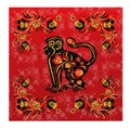 greeting card monkey with red and yellow in ethnic Russian style, symbol of the year, vector illustration