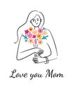 Greeting card for Mothers Day, love you mom text, happy woman with flowers, gift for mommy, beautiful postcard with love Royalty Free Stock Photo