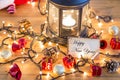 Greeting card for new year with christmas decors, lights