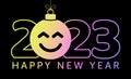 Greeting card for 2023 new year with smiling emoji face that hangs on thread like a christmas toy, ball or bauble. New year Royalty Free Stock Photo