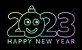 Greeting card for 2023 new year with smiling emoji face that hangs on thread like a christmas toy, ball or bauble. New year Royalty Free Stock Photo