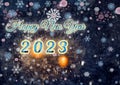 A greeting card for the new year. Sparkling numbers 2023 on the black night sky with falling snowflakes. Festive background. Royalty Free Stock Photo