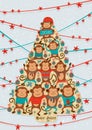 Greeting card with with New Year tree shape with monkeys. Vector Royalty Free Stock Photo