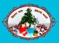 Greeting card for New Year 2019. Two Snow Maiden dolls and Santa Claus near the Christmas tree