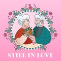 Greeting card with old couple still in love. Concept for golden anniversary or Valentine Day Royalty Free Stock Photo