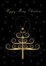 Greeting card with original golden Christmas tree and greetings Happy Merry Christmas