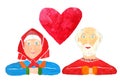 A greeting card with a pair of seniors old people with a heart symbol at the top to celebrate Valentine`s Day or an illustration