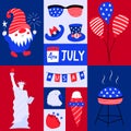 Greeting card with patriotic symblos of USA independence day. Social media template for 4th of July. American symbols Royalty Free Stock Photo