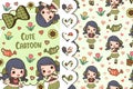 Greeting card and pattern Cute girl many gestures2