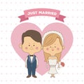 Greeting card pattern of hearts of just married couple bride with blonded hair and groom
