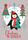 Greeting card with penguin and Christmas trees