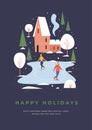 Greeting card with people skating. Skaters on a skating rink in a small town covered with snow.