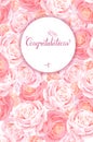 Greeting card with the pink roses background. Composition with blossom flowers and lettering with round banner and place Royalty Free Stock Photo