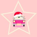 Greeting Card Pink Vintage car Merry Christmas with Santas hat and garland Royalty Free Stock Photo