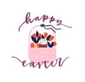 Greeting card or postcard template with Happy Easter wish handwritten with elegant cursive font and basket with kulich