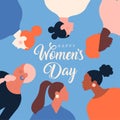 Greeting card or postcard templates with feminism activists and Happy Womens Day wish. Modern festive vector