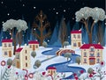 Greeting card or poster with Christmas town. Snowy city with river and trees.