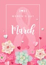 Greeting card or poster design for Women`s Day 2021. Handwriting March and 8 in frame on pink background. Flowers and paper heart Royalty Free Stock Photo