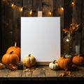 Greeting Card with pumpkins on wooden table mockup