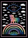 Greeting card with rainbow, unicorn, clouds and lettering on black background.Vector illustration