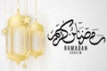 Greeting card for Ramadan Kreem. Golden lanterns and hanging stars on a light background with Islamic ornament. Festive web banner Royalty Free Stock Photo