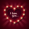 Greeting card for recognition on Valentine`s day. Volumetric red heart with shadows, with svetimas light bulbs on the contour. An