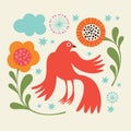 Greeting card with red bird and flowers Royalty Free Stock Photo