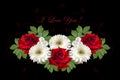 Greeting card with red roses and white gerberas on a black background Royalty Free Stock Photo