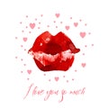 Red sexy lips. Watercolor illustration. Postcard with a kiss