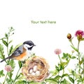 Greeting card with retro design: wild herbs, bird and nest. Watercolor