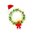 Greeting card . Round Christmas wreath with red berries, Santa hat and red bow.Isolated on white background