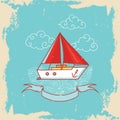 Greeting card with a sailing ship in doodle style