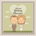 Greeting card of scene sky landscape with decorative frame of just married couple bride with blonded hair and groom with