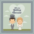 Greeting card of scene sky landscape with decorative frame of just married couple bride with blonded hair and groom with