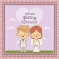 Greeting card of scene sky landscape with decorative frame of just married couple bride with collected hair and blonded