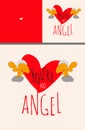 Greeting card set or poster with Angels holding big Valentine heart with text You are my angel. Love, gratefulness, adoration, fri