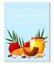 Shana Tova template of banner. New year banner with honey, shofar, apple, pomegranate, fish, carrot, palm. Royalty Free Stock Photo