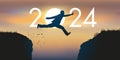 Greeting card showing a man jumping between two rocks to pass in 2024 Royalty Free Stock Photo