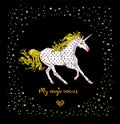Greeting card with skittish unicorn in star frame isolated on the black background. Vector illustration