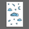 Greeting card with sleeping raccoon, moon and stars