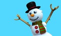 Greeting card of Smiling snow man with black hat and red and green scarf with buttons on the chest modeled in 3d Royalty Free Stock Photo