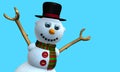 Greeting card of Smiling snow man with black hat and red and green scarf with buttons on the chest modeled in 3d Royalty Free Stock Photo