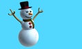 Greeting card of Smiling snow man with black hat and red and green scarf with buttons on the chest modeled in 3d Royalty Free Stock Photo