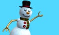 Greeting card of Smiling snow man with black hat and red and green scarf with buttons on the chest modeled in 3d Royalty Free Stock Photo